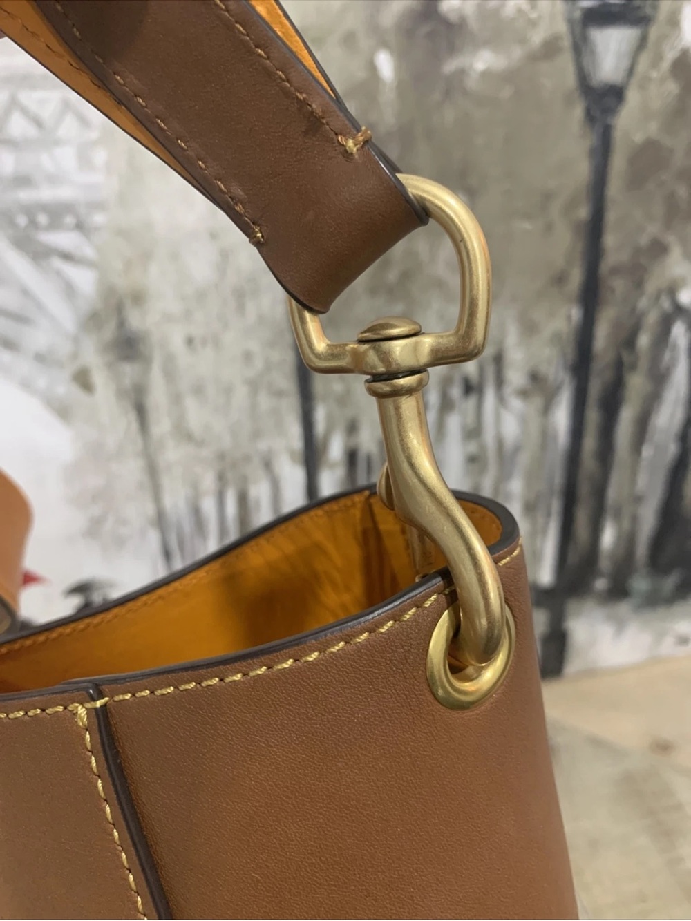 Leather Bucket Shoulder Bag in Brown with Gold Accent - Picture 14 of 16